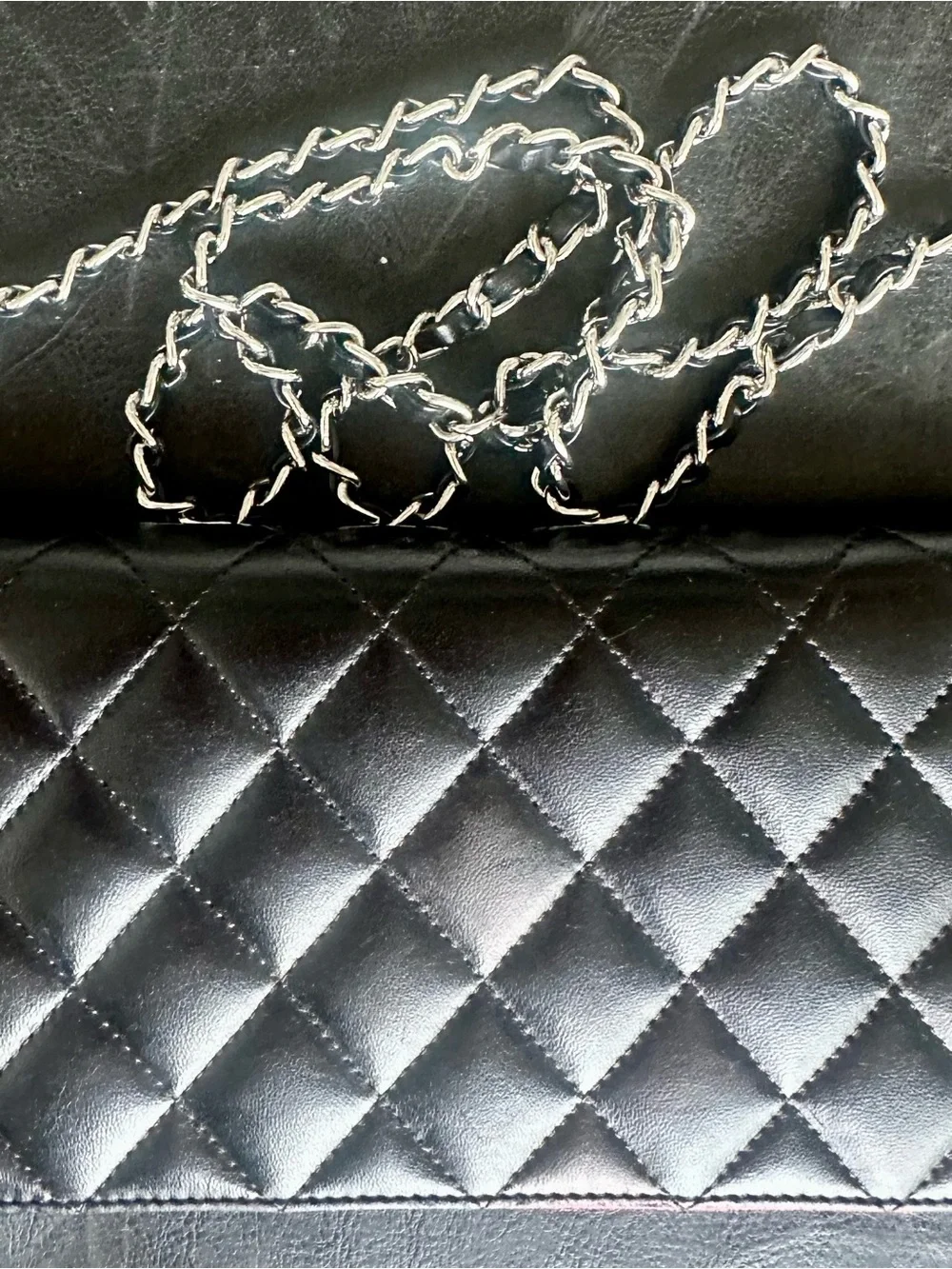 CHANEL Quilted Black Leather wallet with Chain and Pink Trim